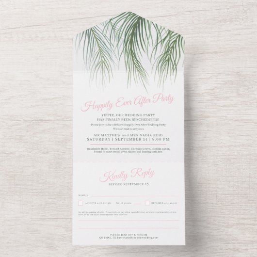 楽しいことに、パー結婚ムピンクの白い緑の後を追う オールインワン招待状 (内側)