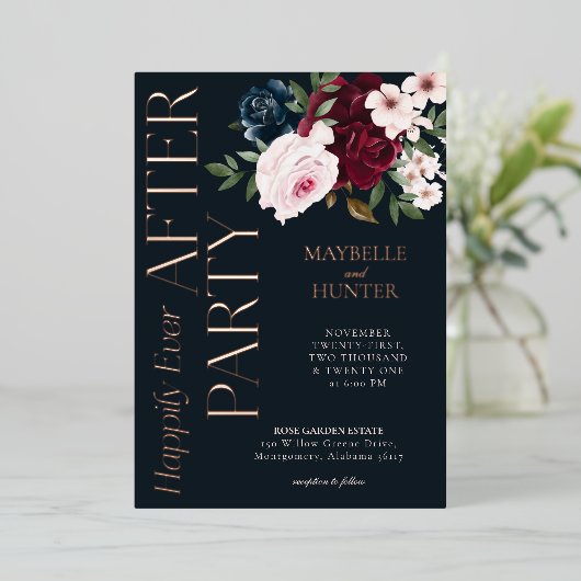 楽しいずっとパーティーブルゴーニュ海軍花模様 箔招待状 (立ち正面)