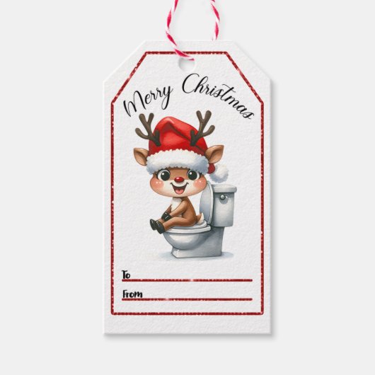 楽しいよくはしゃぐトナカイを特徴とするクリスマスラベル ギフトタグ (正面)