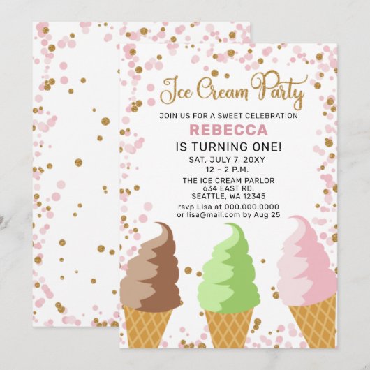 楽しいアイスクリームパーティー誕生日招待状 招待状 (正面/裏面)