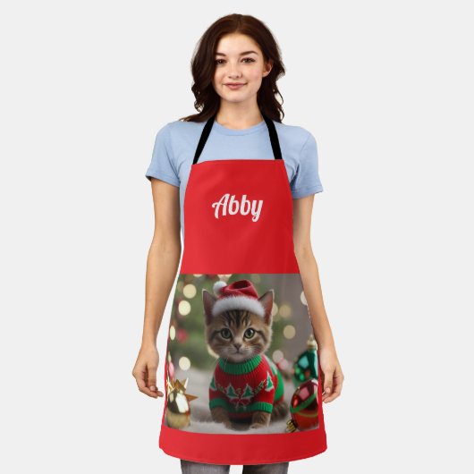 楽しいアビシニアン猫のクリスマス 名前入りの特別なエプロン エプロン (着用した状態)