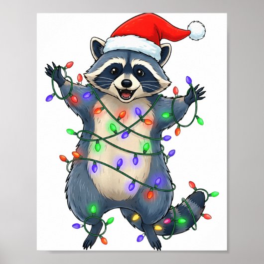楽しいアライグマのサンタ帽子のクリスマスツリーライト クリスマス ポスター (正面)