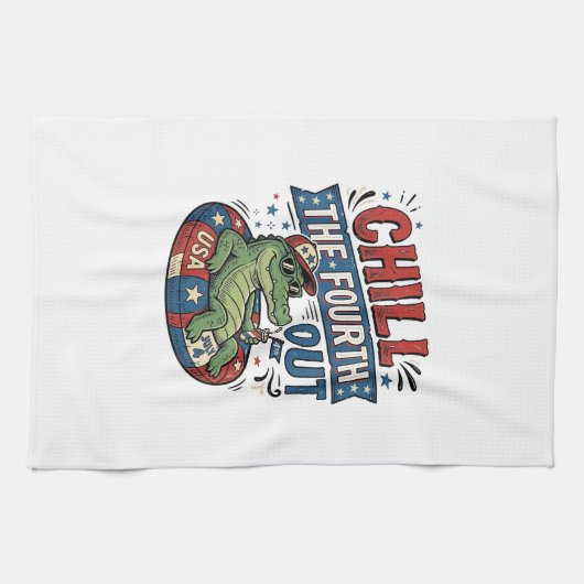 楽しいアリゲーターのサマーTシャツ アメリカ独立記念日をのんびり過ごそう キッチンタオル (横)