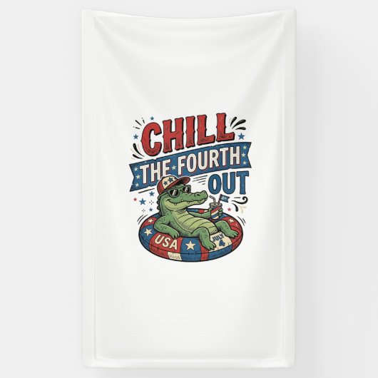 楽しいアリゲーターのサマーTシャツ アメリカ独立記念日をのんびり過ごそう 横断幕 (縦)