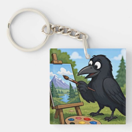 楽しいアーティストのカラスの風景画アート キーホルダー (正面)