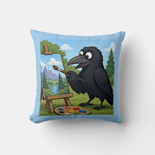 楽しいアーティストのカラスの風景画アート クッション (正面)