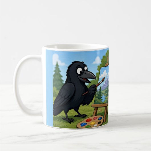 楽しいアーティストのカラスの風景画アート コーヒーマグカップ (左)