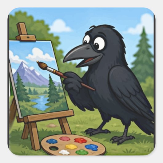楽しいアーティストのカラスの風景画アート スクエアシール (正面)