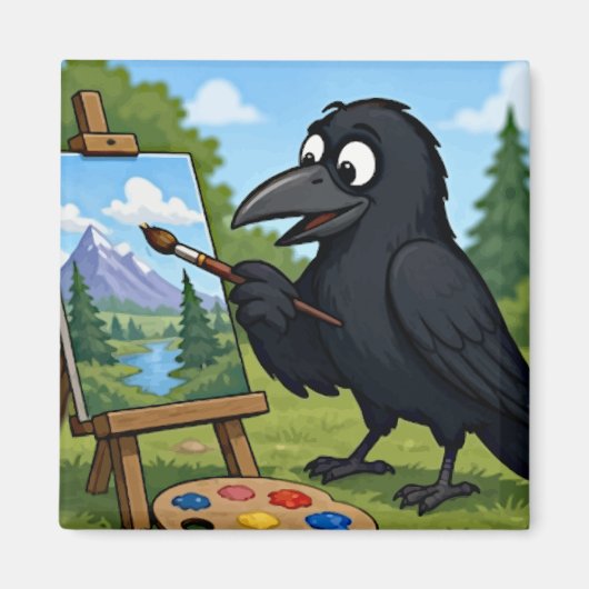 楽しいアーティストカラスの風景画アート マグネット (正面)