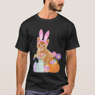 楽しいイースターの可愛い猫 うさぎ たまご かご Tシャツ