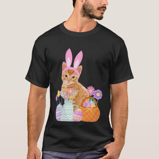 楽しいイースターの可愛い猫 うさぎ たまご かご Tシャツ (正面)