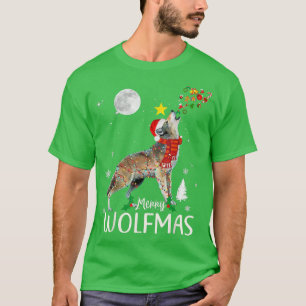 楽しいオオカミのクリスマス 面白いオオカミ サンタ帽子 オオカミ Tシャツ