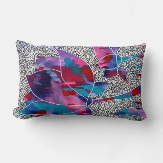 楽しいオリエンタルロータスフラワーズオリジナルアート ランバークッション (正面)