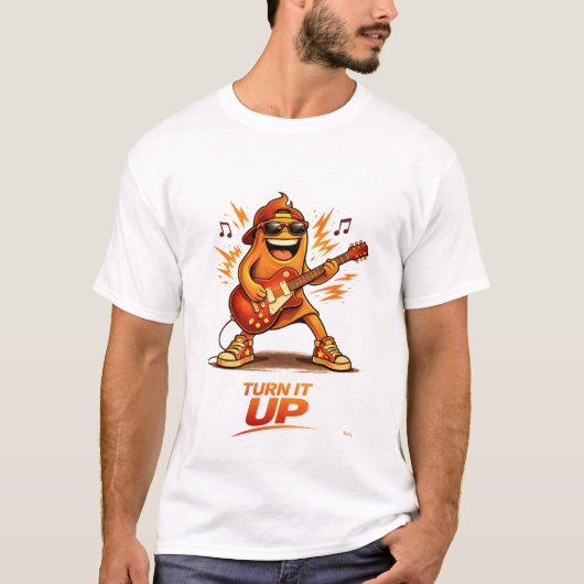 楽しいオレンジギタリストキャラクター音楽 Tシャツ (正面)