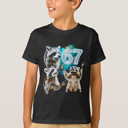 楽しいカオスアライグマが67宇宙の6セブンに吠える Tシャツ (正面)