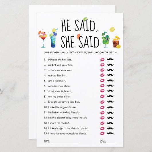 楽しいカクテル | 彼は言った、彼女は言った ゲームカード (正面/裏面)