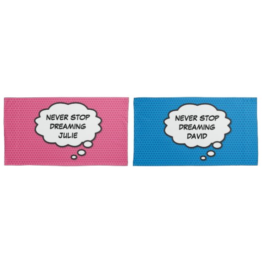 楽しいカスタマイズ 夢を止めるな ピンク 青 枕カバー (正面-セット)