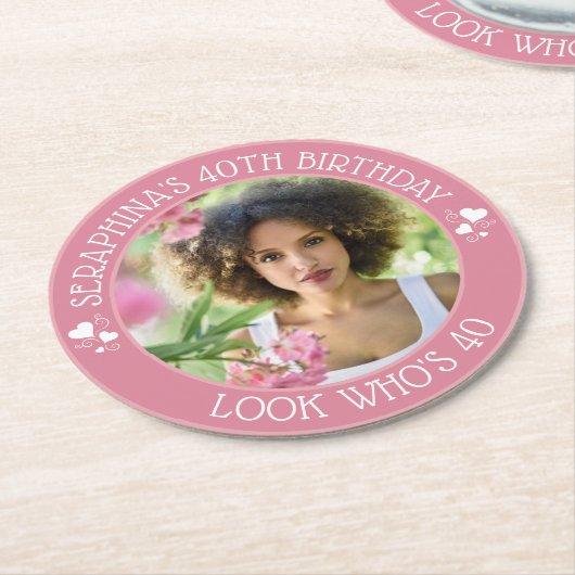 楽しいカスタム写真 40歳の誕生日パーティーのお土産 ラウンドペーパーコースター (アングル)