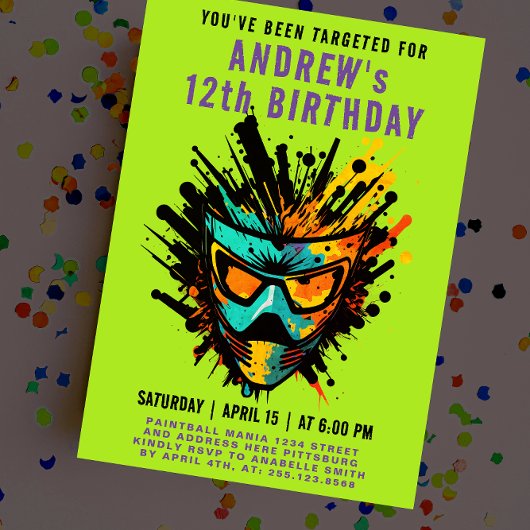 楽しいカラフルなペイントボールスプラッターグリーンパーティー 招待状