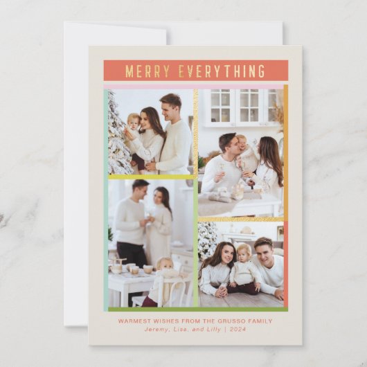 楽しいカラフルな明るい楽しい４枚の写真のクリスマス シーズンカード (正面)