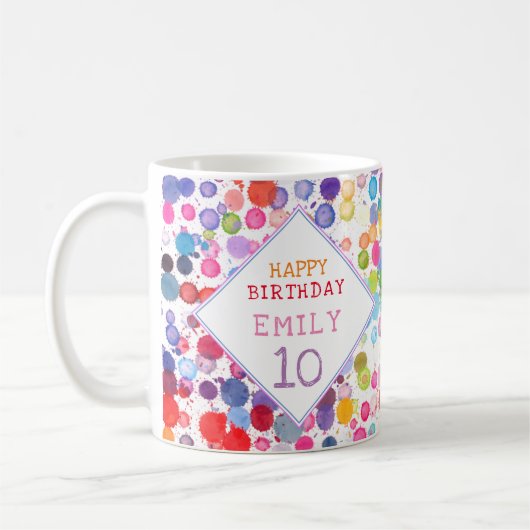 楽しいカラフルな水彩絵の具の染み 子供の誕生日 コーヒーマグカップ (左)