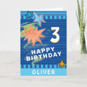 楽しいカラフルな青い星の絵の子供の誕生日 カード (正面)