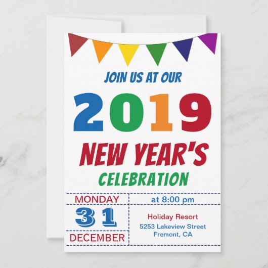 楽しいカラフルな2019年新年のパーティー招待状 招待状 (正面)
