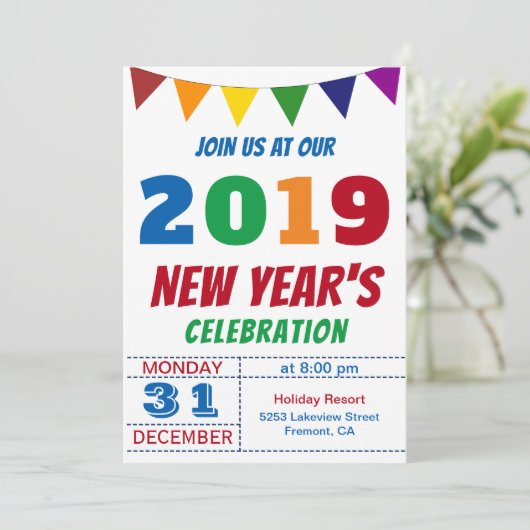 楽しいカラフルな2019年新年のパーティー招待状 招待状 (スタンド正面)