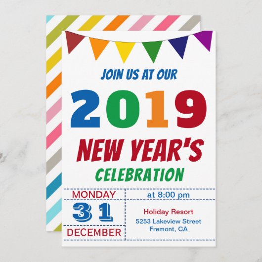 楽しいカラフルな2019年新年のパーティー招待状 招待状 (正面/裏面)