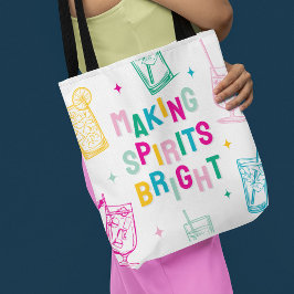 楽しいカラフルな「Making Spirits Bright」クリスマス トートバッグ