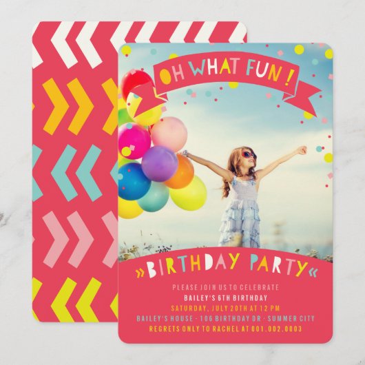 楽しいカラフルコンフェティガール誕生日パーティー 招待状 (正面/裏面)