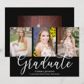 楽しいカリグラフィー写真ブラック卒業パーティー 招待状 (正面/裏面)