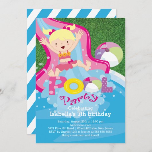 楽しいガールプール誕生日パーティーの招待状 招待状 (正面/裏面)