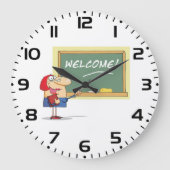 楽しいキャラクターの先生の「学校再開おめでとう」 ラージ壁時計 (正面)