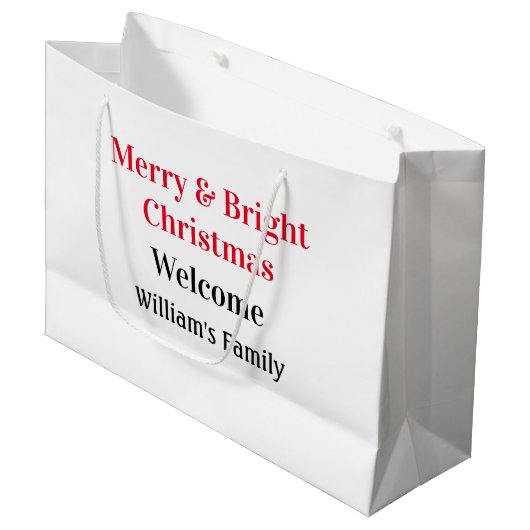 楽しいクリスマスに家族の名前を添えて喜びを ラージペーパーバッグ (正面アングル)