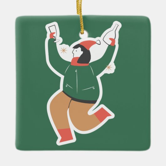 楽しいクリスマスの女性ダンシングカスタムネーム セラミックオーナメント (正面)