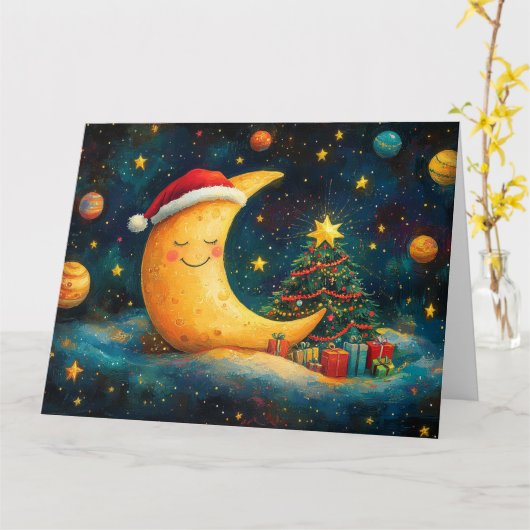 楽しいクリスマスの月と銀河のお祝い カード (黄色い花)
