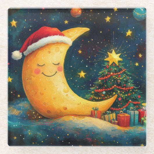 楽しいクリスマスの月と銀河のお祝い ガラスコースター (正面)