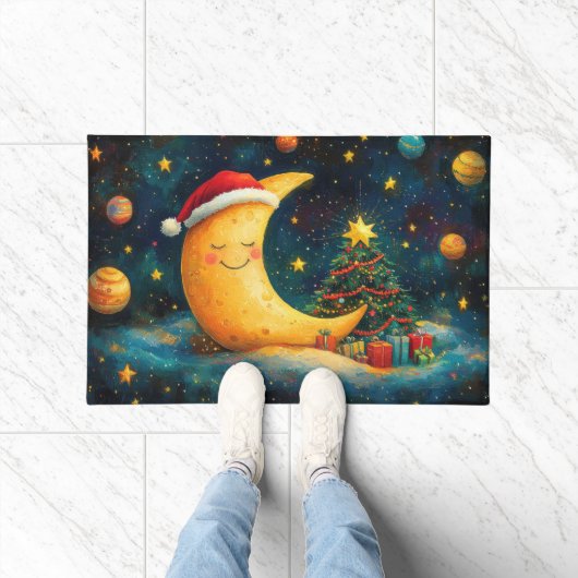 楽しいクリスマスの月と銀河のお祝い ドアマット (室内)