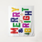 楽しいクリスマスの松の木とトナカイと雪だるま タペストリー (正面)