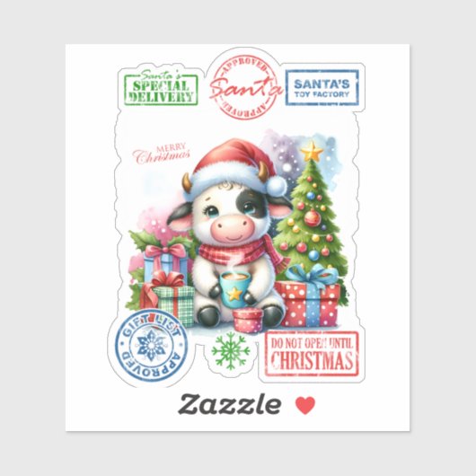 楽しいクリスマスの牛とプレゼント! シール (シート)