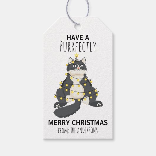 楽しいクリスマスの猫の木 可愛いキャラクター ギフトタグ (正面)