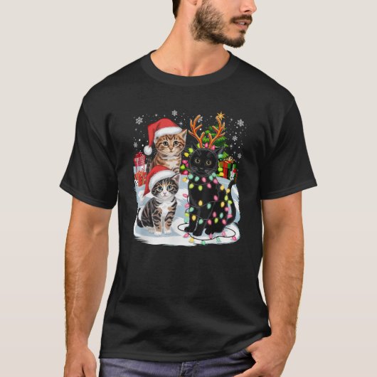 楽しいクリスマスの猫サンタクロースの帽子 クリスマスの喜び K Tシャツ (正面)