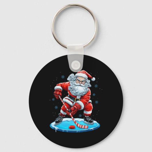 楽しいクリスマスサンタの アイスホッケー Xmas スポーツ キーホルダー (正面)
