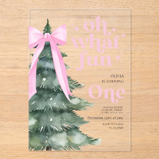 楽しいクリスマスツリー 1歳の誕生日 アクリル招待状 (正面)