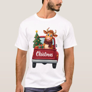 楽しいクリスマスハイランド牛のクリスマスツリー赤 Tシャツ