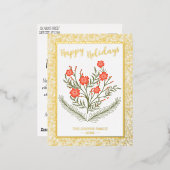 楽しいクリスマス冬のフローラ金ゴールドグリッター 箔シーズンポストカード (正面/裏面)