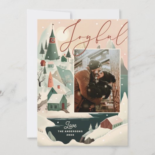 楽しいクリスマス冬の山の村の風景 シーズンカード (正面)