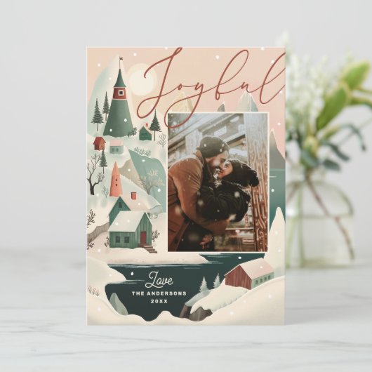 楽しいクリスマス冬の山の村の風景 シーズンカード (スタンド正面)