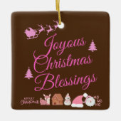 楽しいクリスマス恵みピンク・オン・ブラウン | セラミックオーナメント (正面)